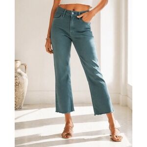 MOTHER Hustler Ankle Fray Jeans 24 Teal Green High Rise Crop Raw Hem